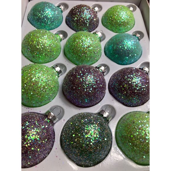 Christmas Ornament Set Of 12 Glitter Green & Purple Baubles Globe Hand-Painted M - Picture 5 of 6